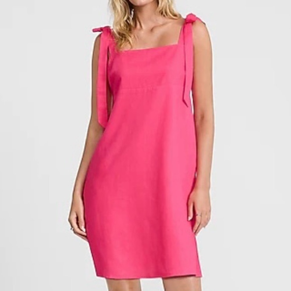Express Linen-Blend Square Neck Tie Strap Mini Shift Dress NWT LARGE